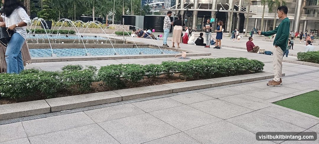 People relaxing by fountains