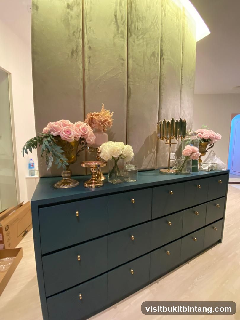 Decorative dresser with floral arrangements