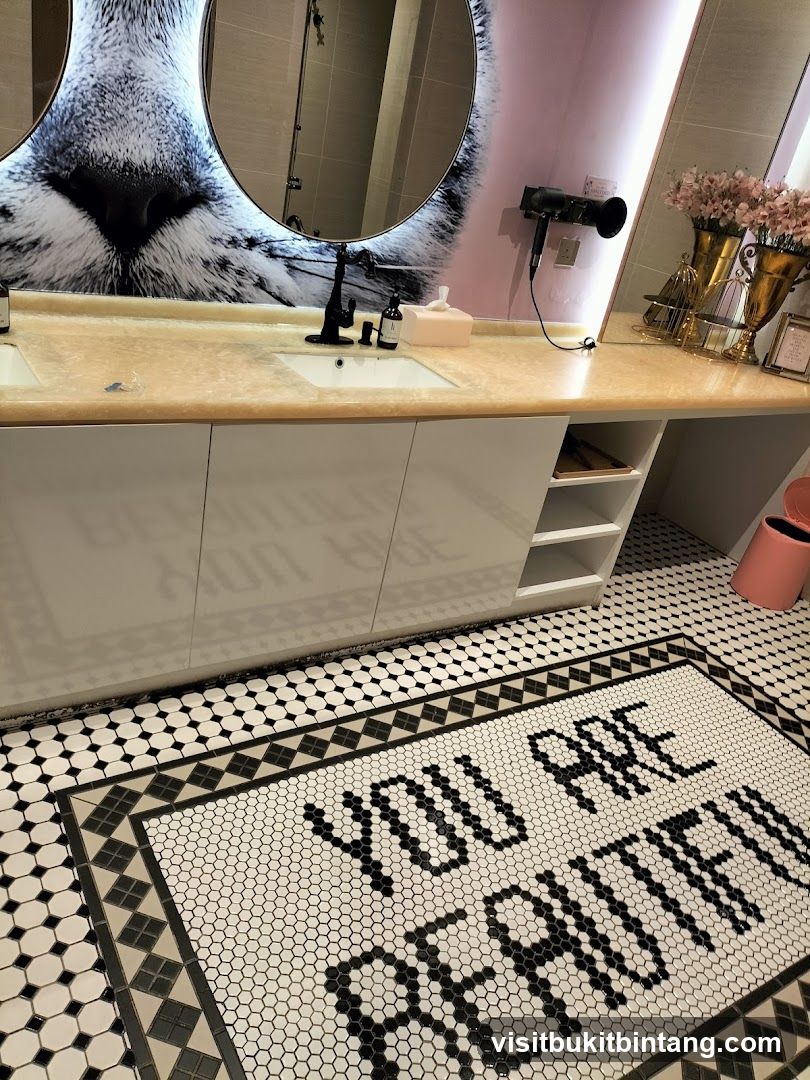 Bathroom Vanity with Cat Mural and Inspirational Floor Tile