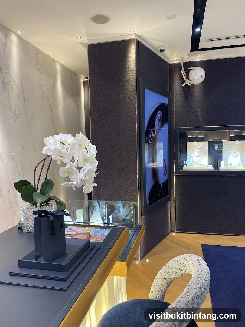 Jewelry store interior with display cases and a digital screen