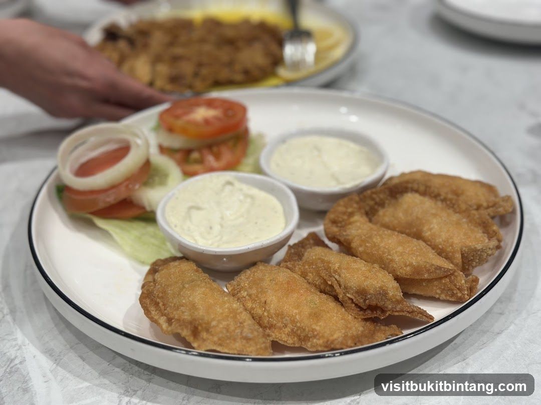 Fried Appetizers with Dips and Salad