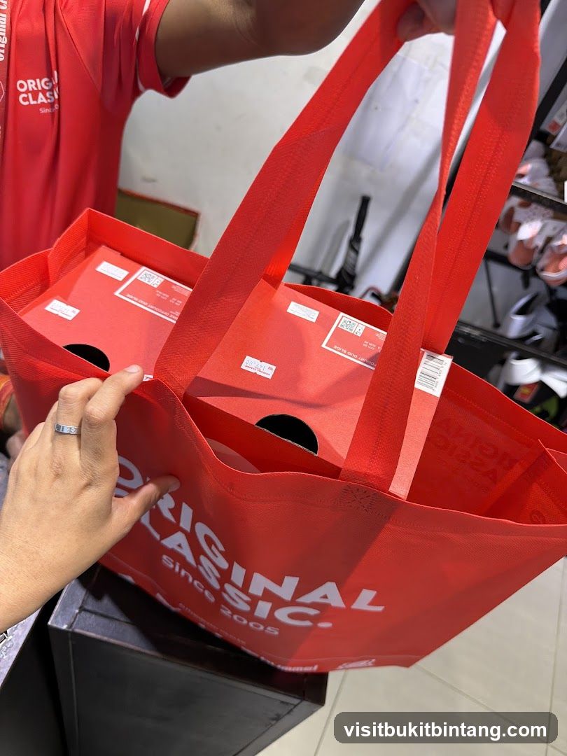 Red Tote Bag with Shoe Boxes