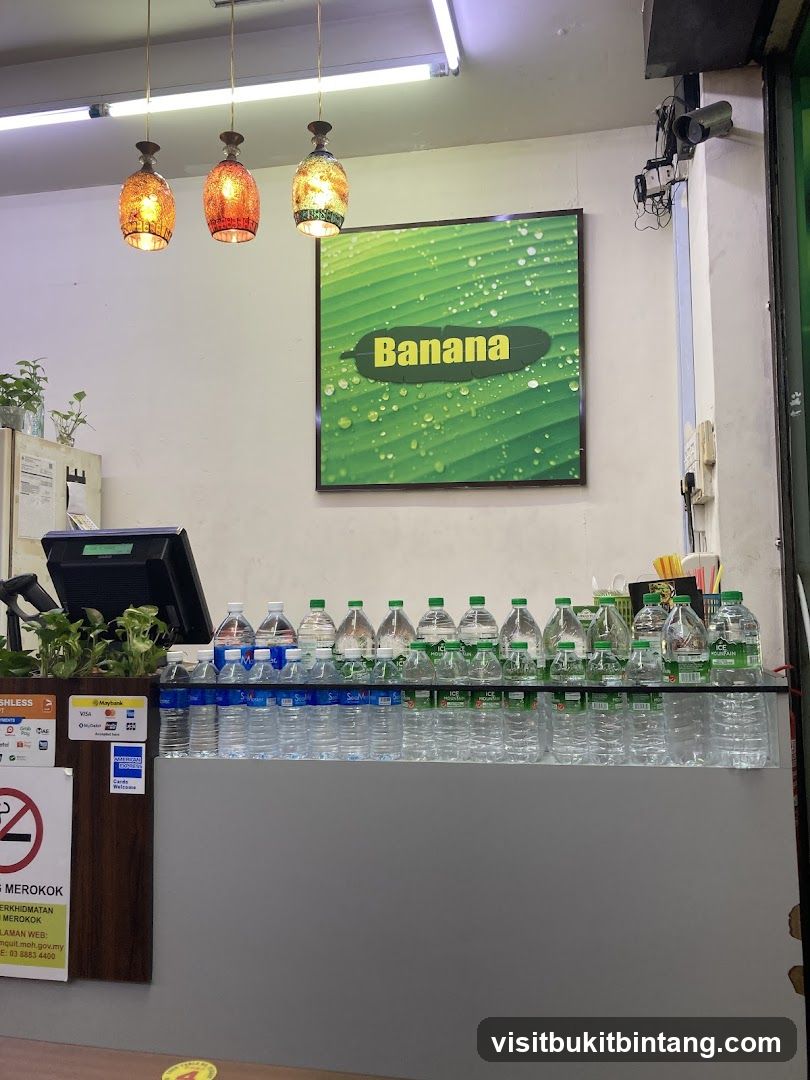 Counter with bottled water and signage