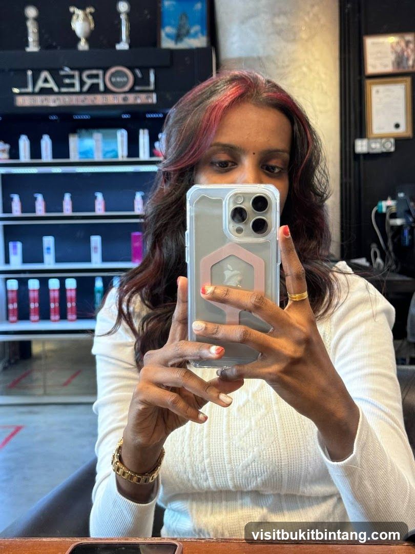 Woman taking a selfie in a salon