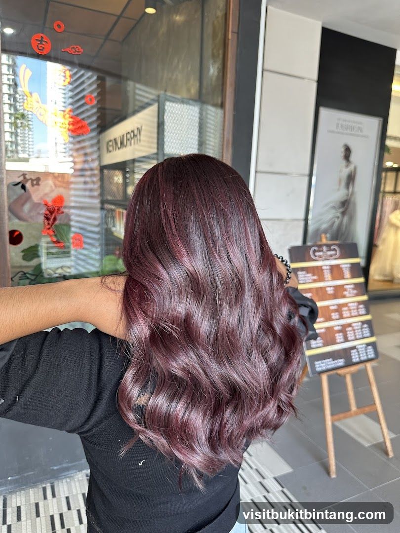 Woman with Burgundy Hair in Front of Salon
