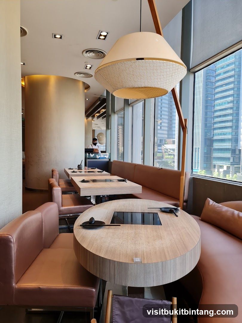 Restaurant Interior with Booth Seating and City View