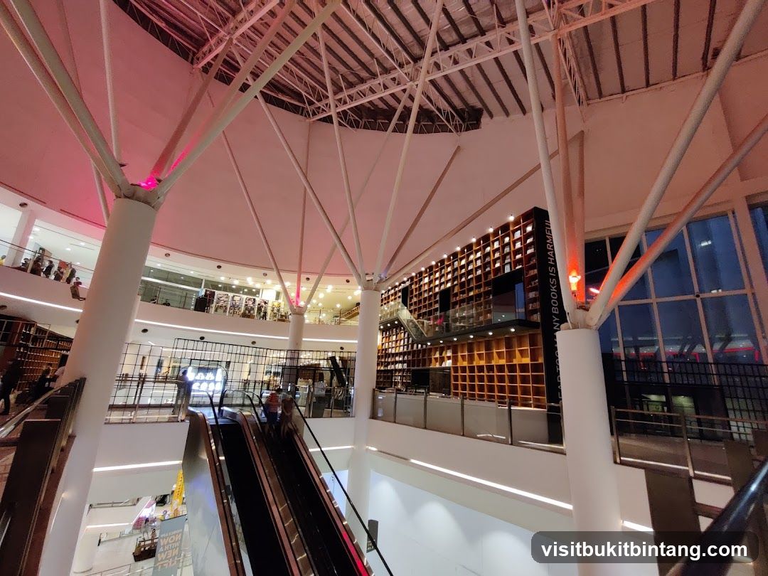 Interior of a multi-level building with escalators and bookshelves