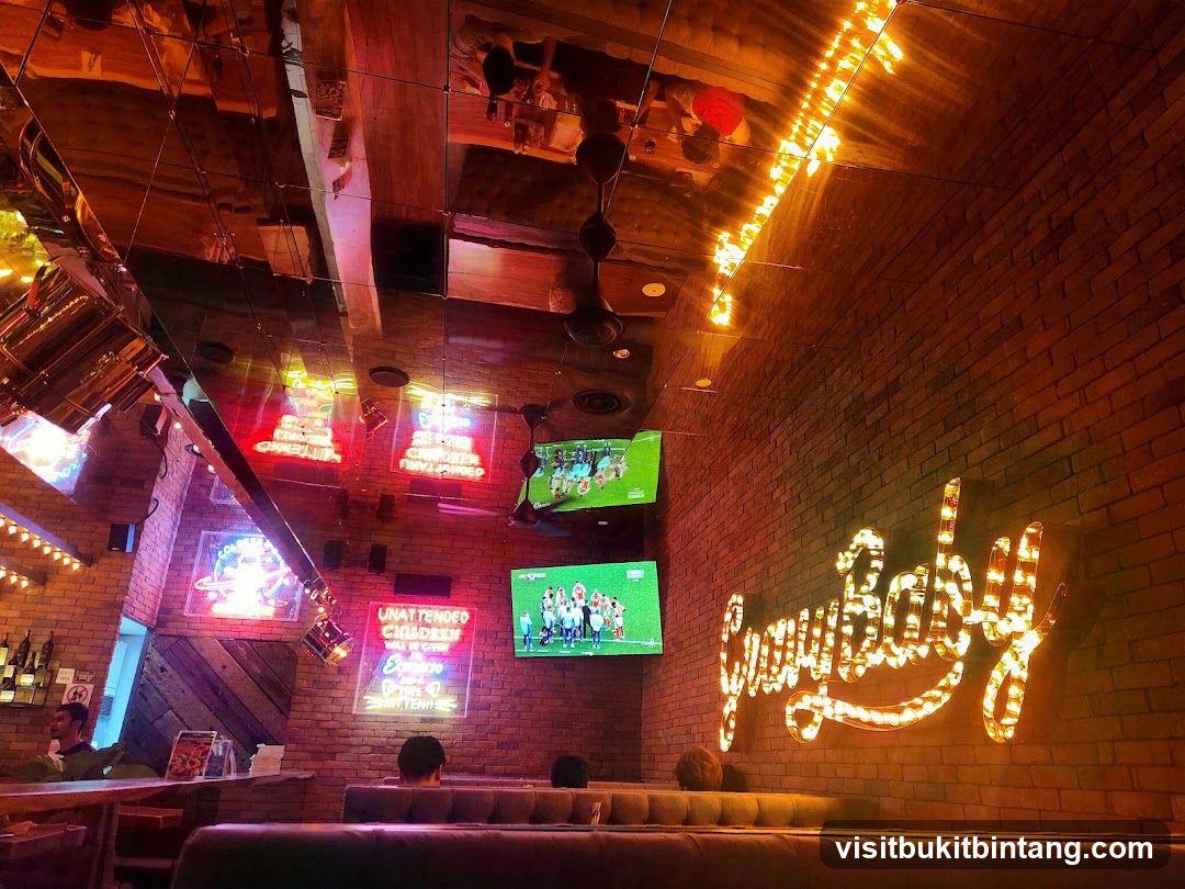 Bar Interior with Neon Signs and TVs
