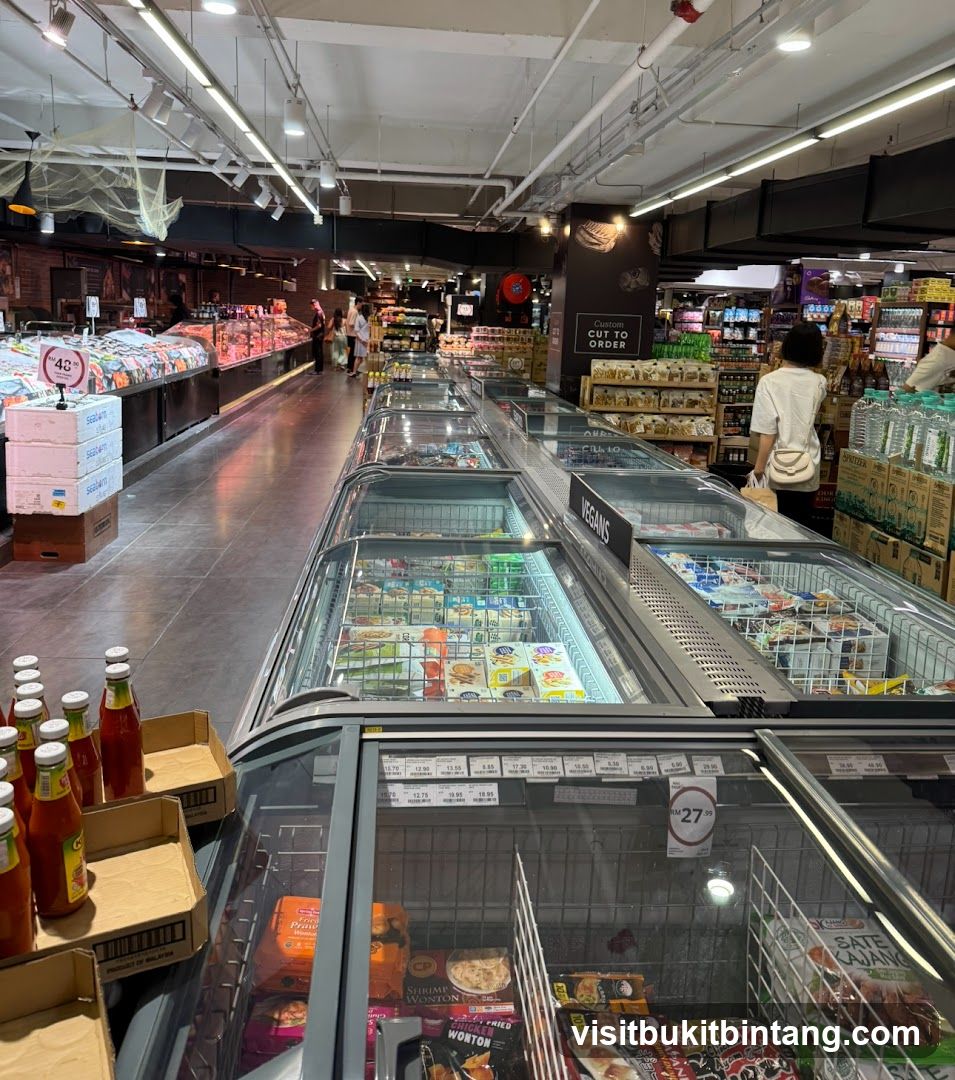 Supermarket aisle with frozen food displays