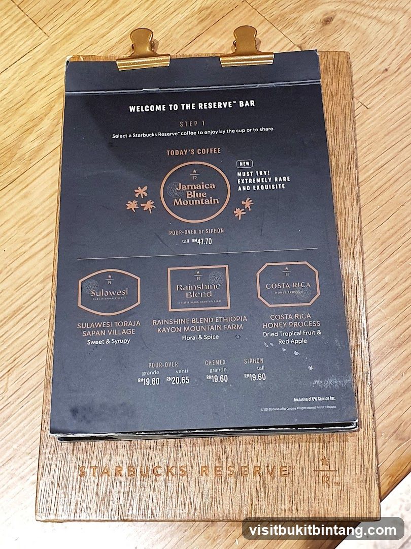 Starbucks Reserve Bar Menu