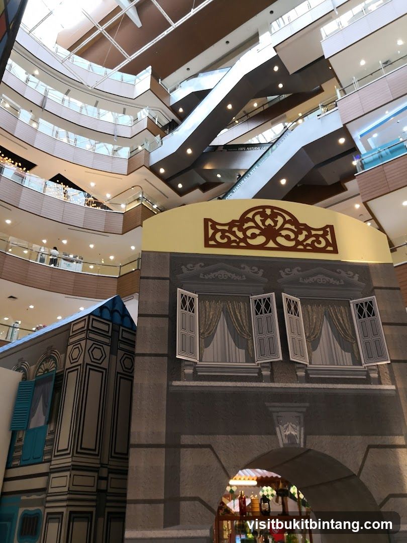 Interior of a multi-level shopping mall with escalators and decorative facades.