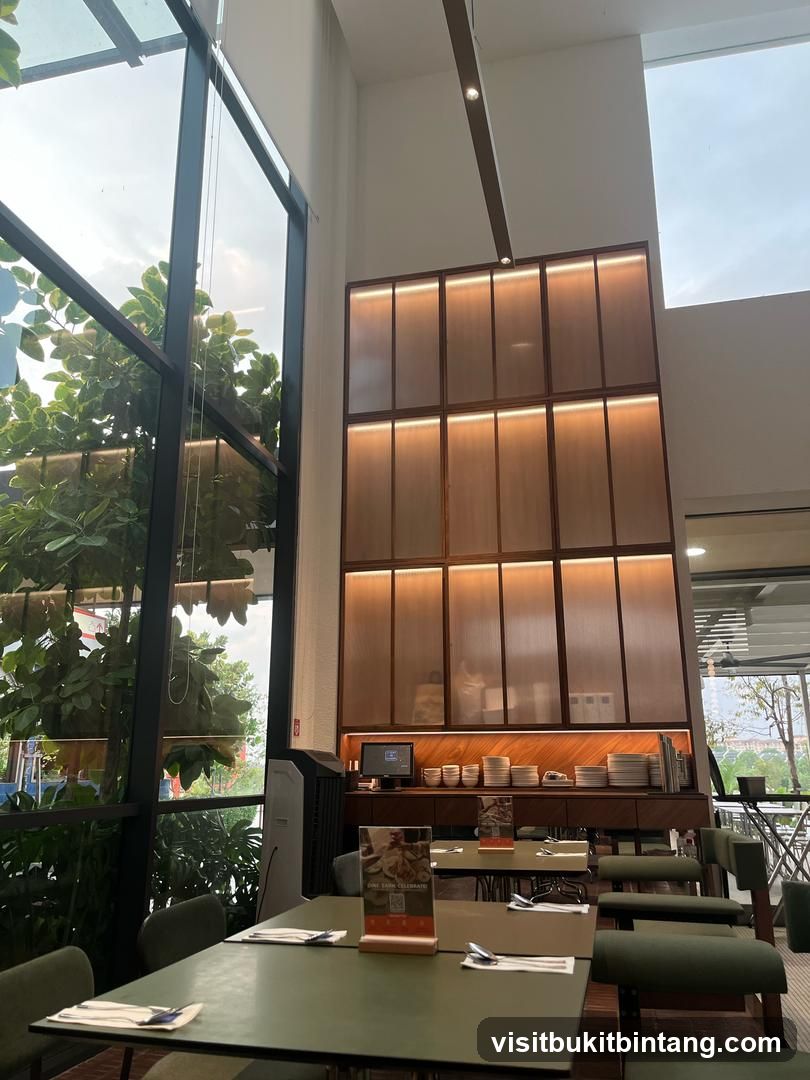 Restaurant Interior with Large Windows and Shelving