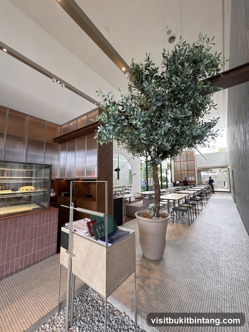 Modern Cafe Interior with Large Tree