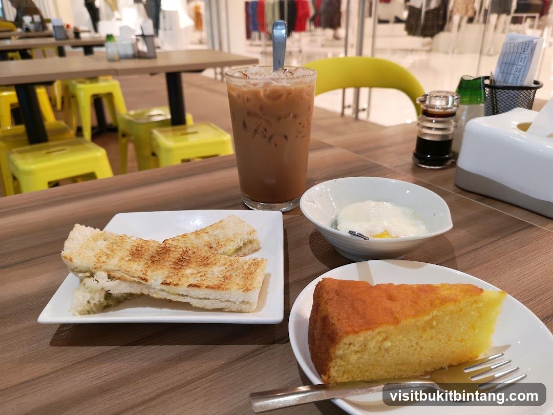 Cafe breakfast with toast and cake