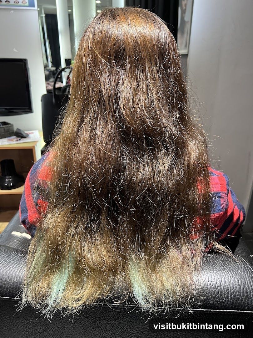Woman with long, layered brown hair with light blue tips
