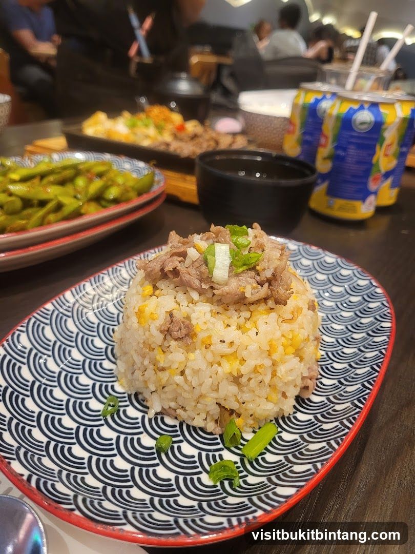 Beef Fried Rice with Edamame and Drinks