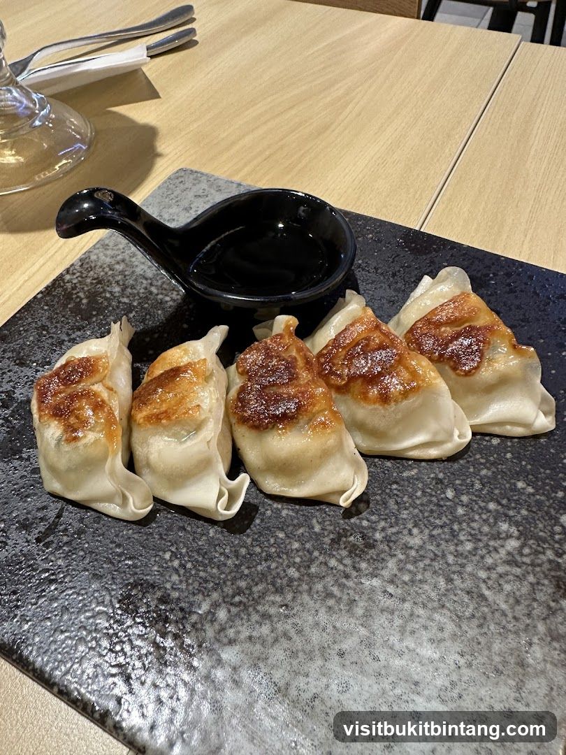 Pan-fried dumplings with dipping sauce