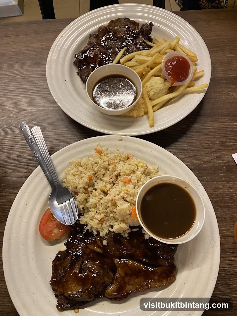Two plates of steak dinners