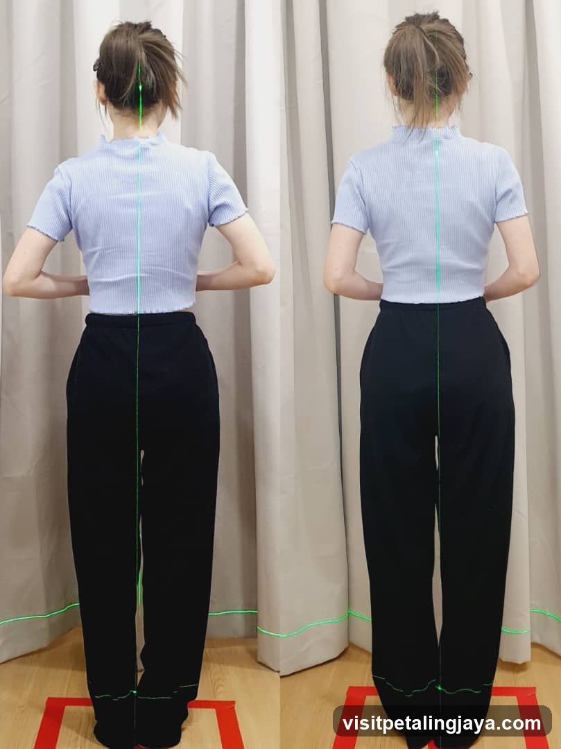 Back view of a woman in striped shirt and black pants
