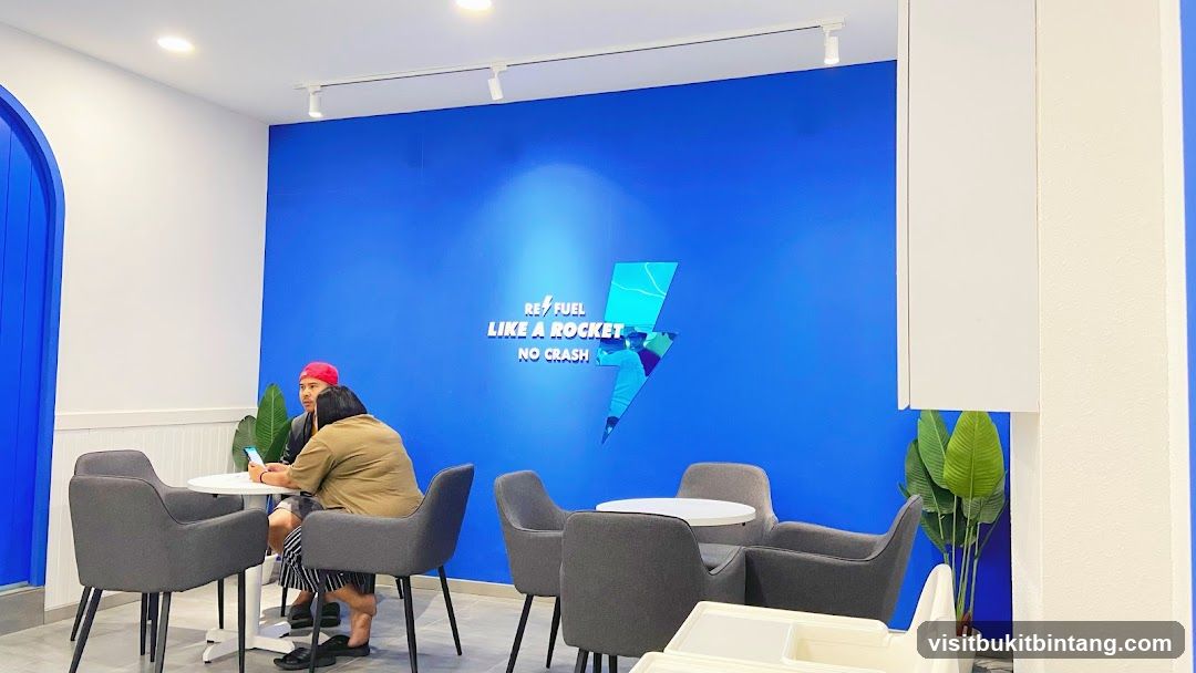 Cafe Interior with Blue Wall and Seating
