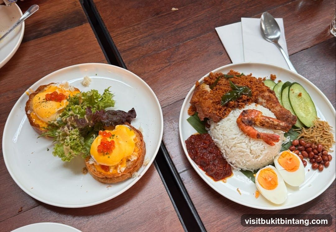 Two plates of food on a wooden table