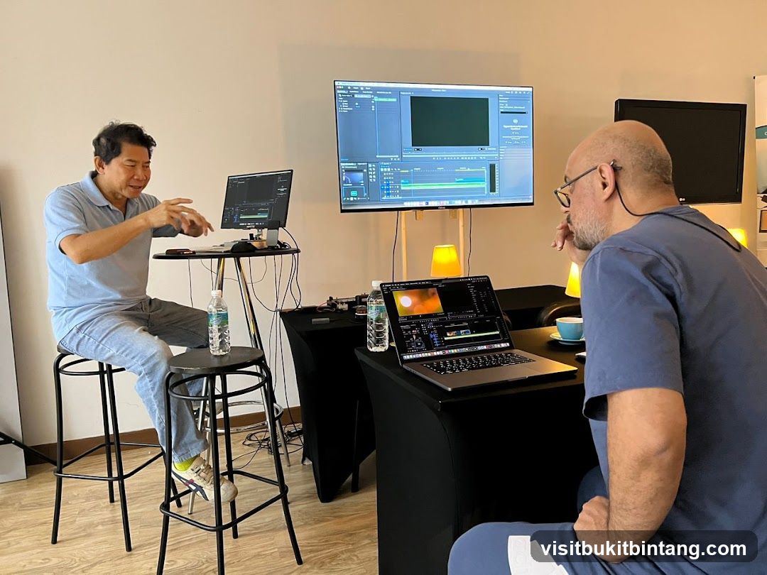 Two men working on video editing software