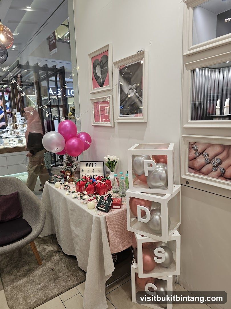 Jewelry store display with balloons and gifts