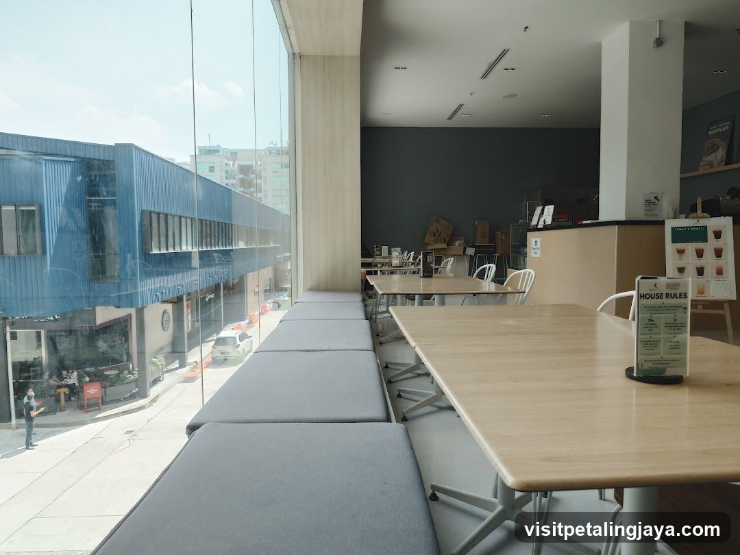 Interior of a modern cafe with large windows
