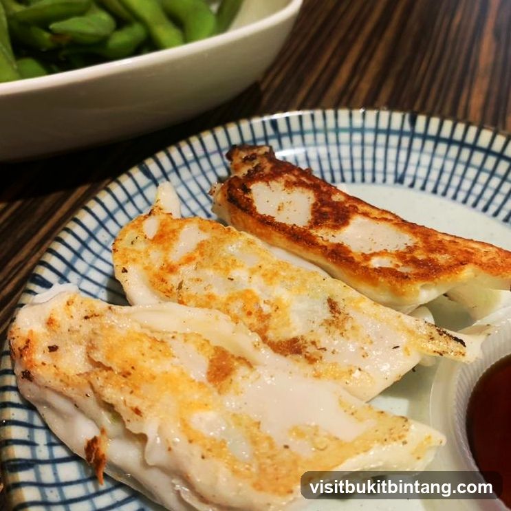 Pan-fried dumplings and edamame