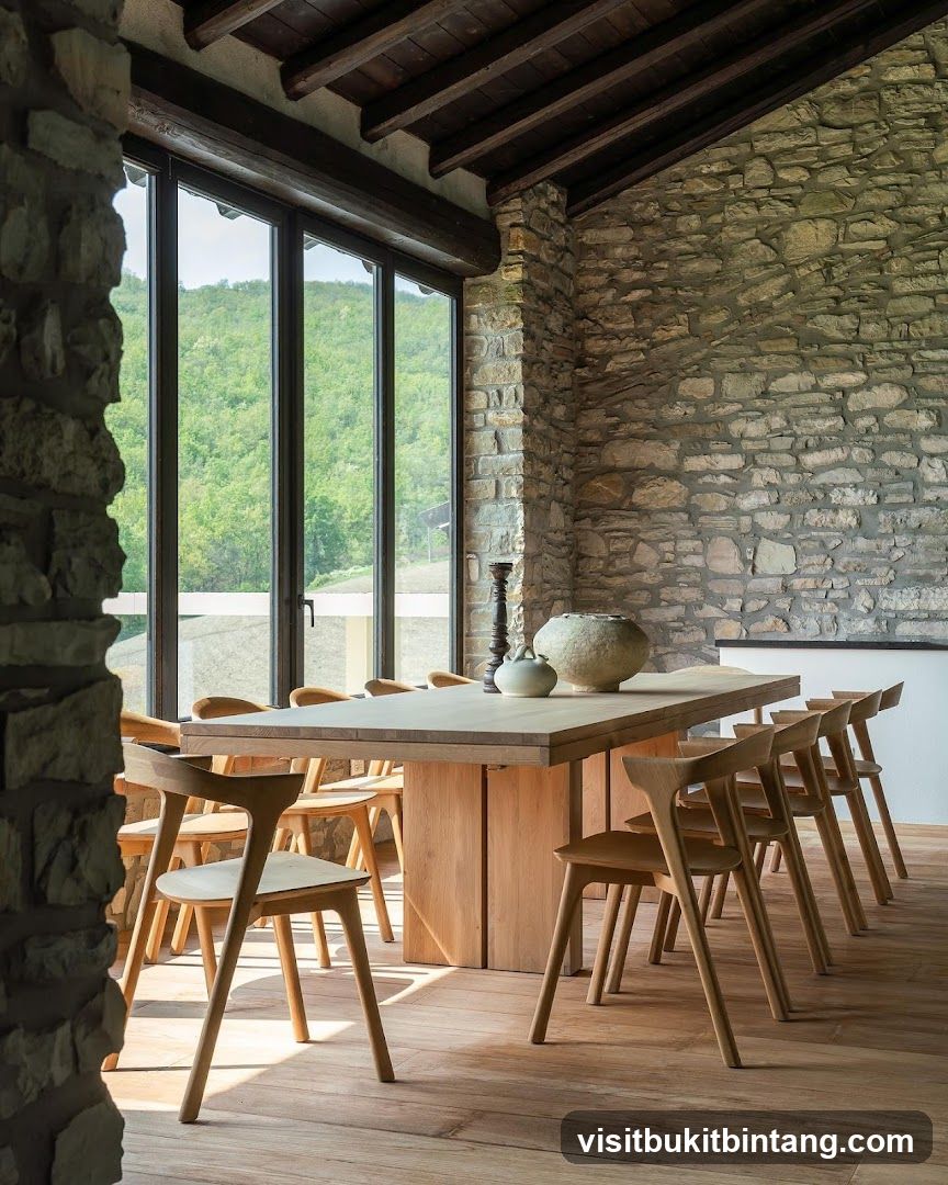 Dining Room with Stone Walls and Wooden Furniture
