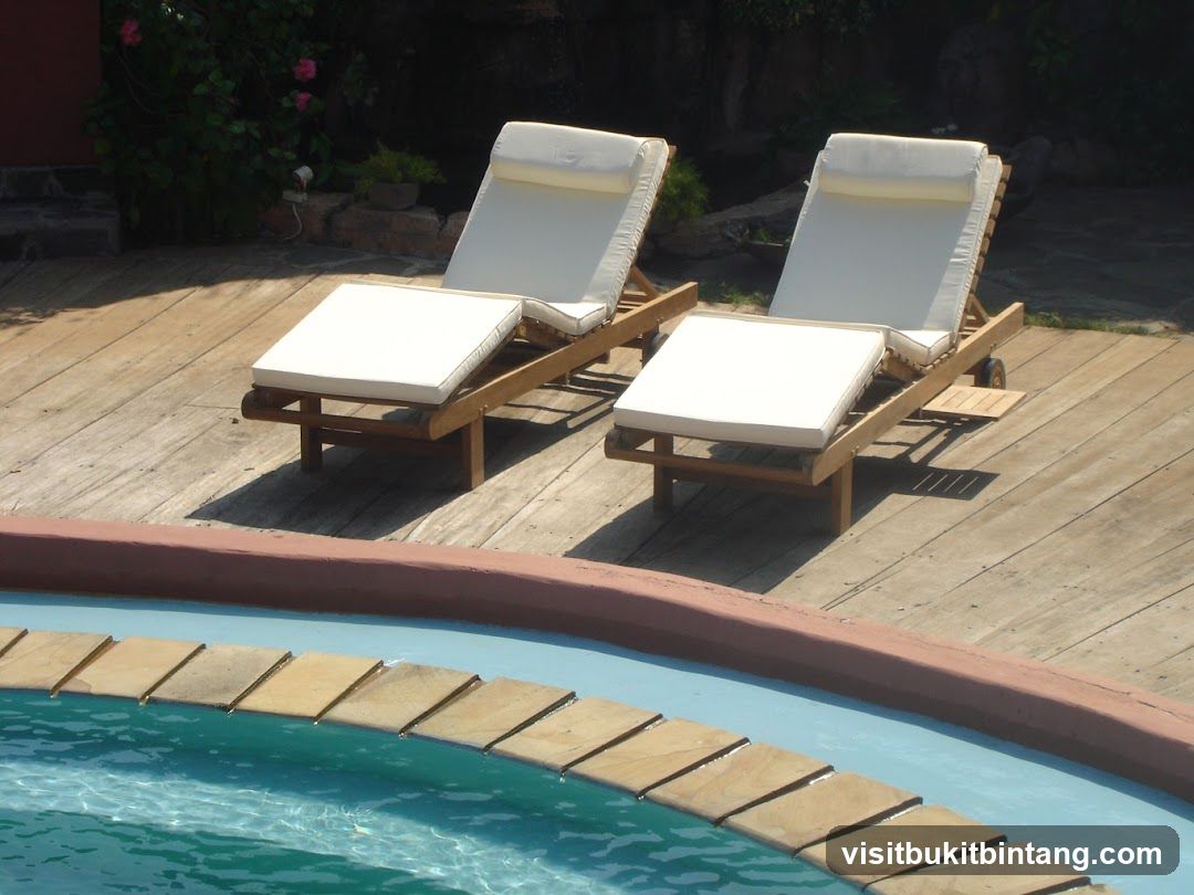 Two lounge chairs by a pool