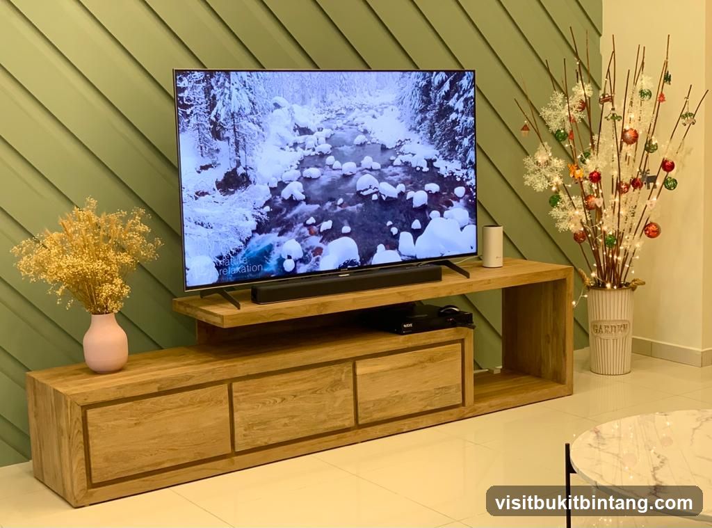 Living room entertainment center with nature scene on TV