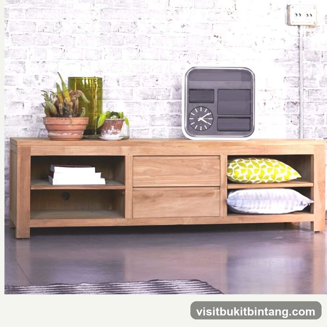 Wooden media console with decorative items