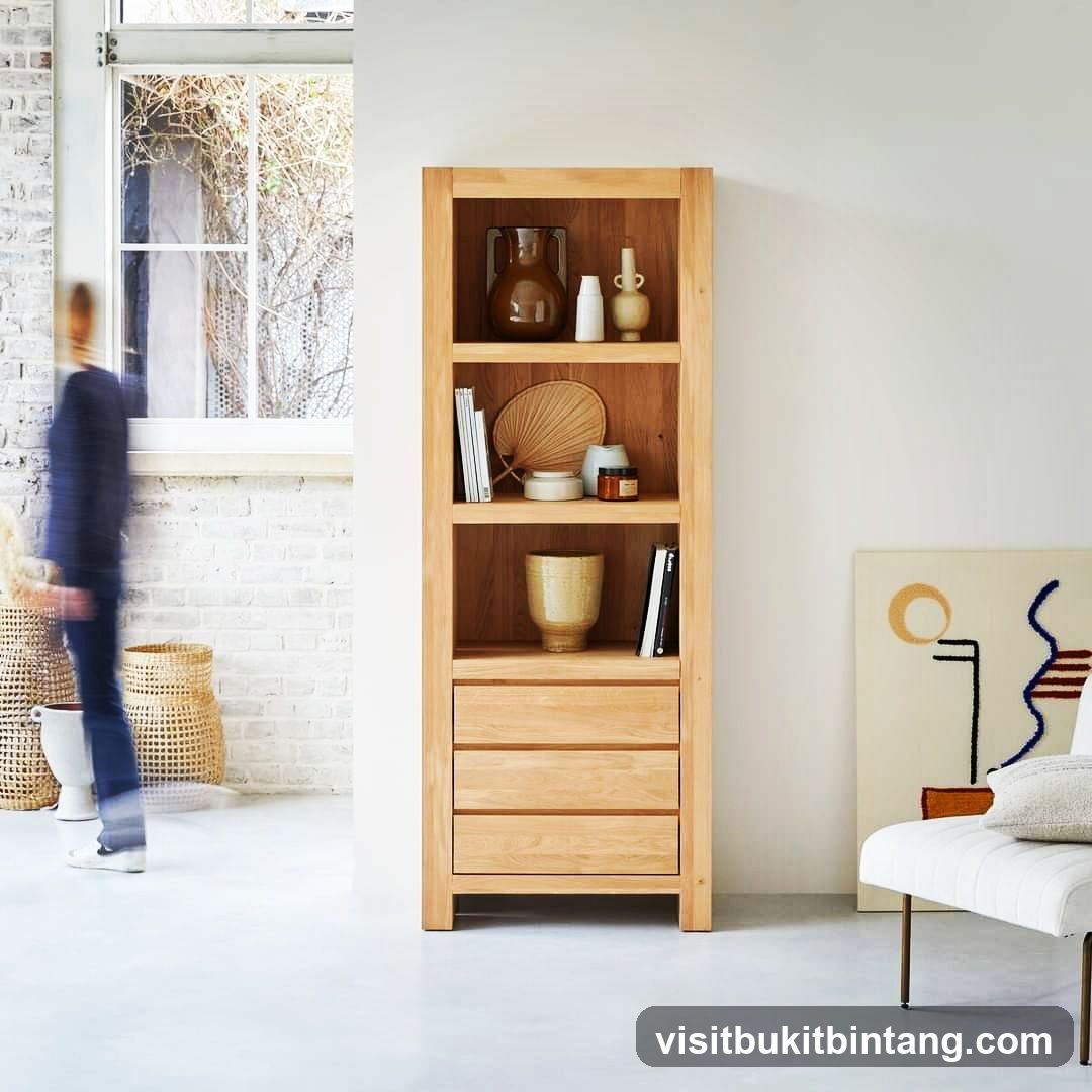 Wooden bookshelf with decorative items