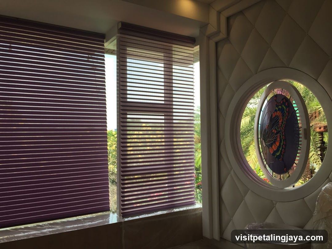 Interior with purple blinds and circular window