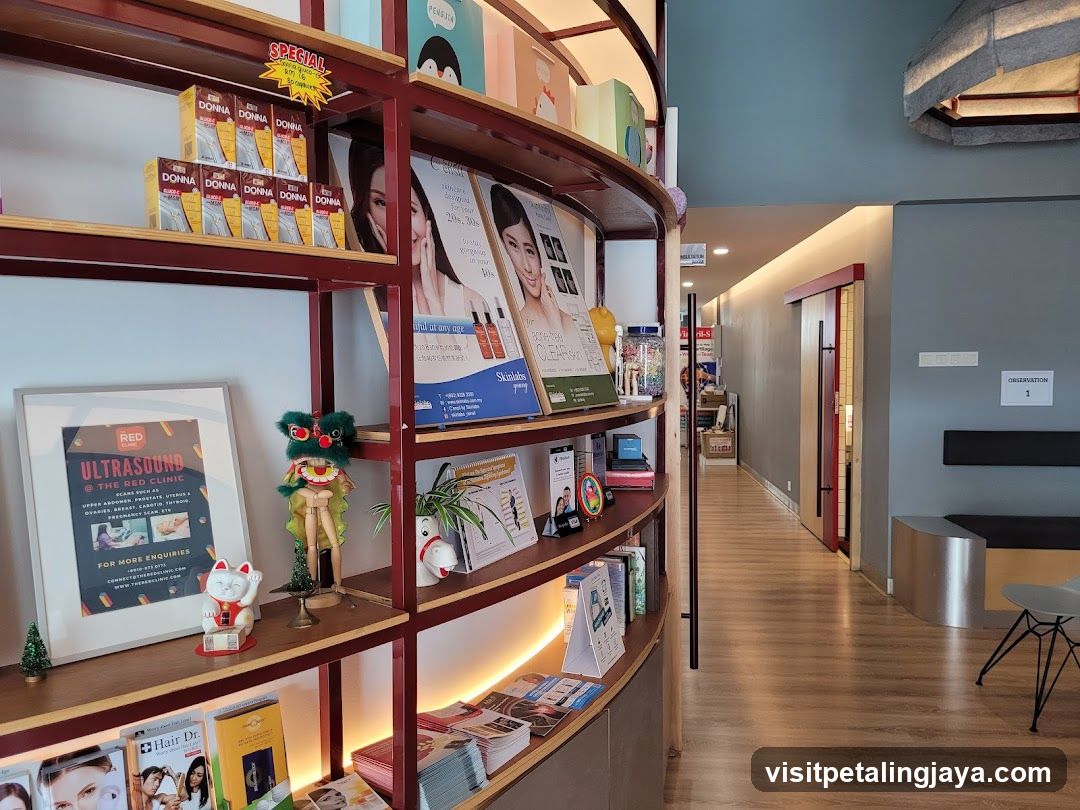Interior Display Shelf with Products and Posters