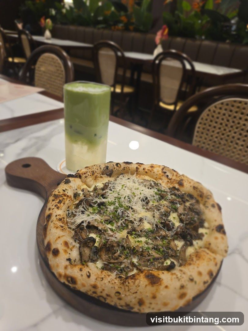 Mushroom Pizza and Matcha Drink