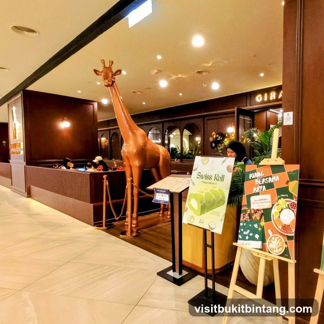 Restaurant Interior with Giraffe Statue and Promotional Signs