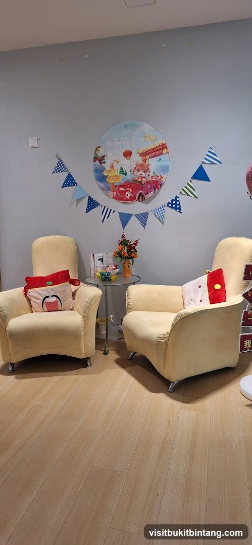 Waiting area with chairs and decorations
