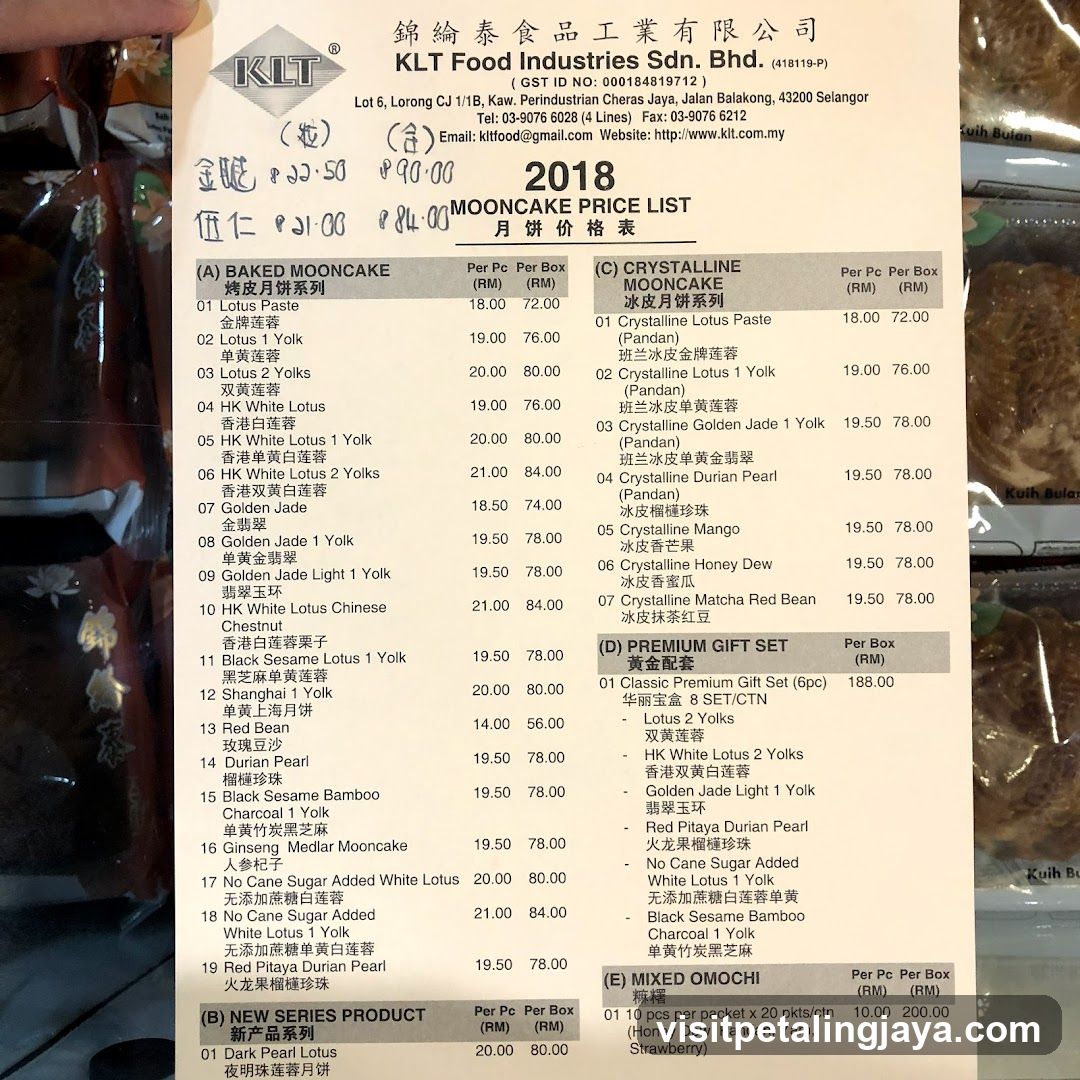 KLJ Food Industries Sdn Bhd - Mooncake Price List