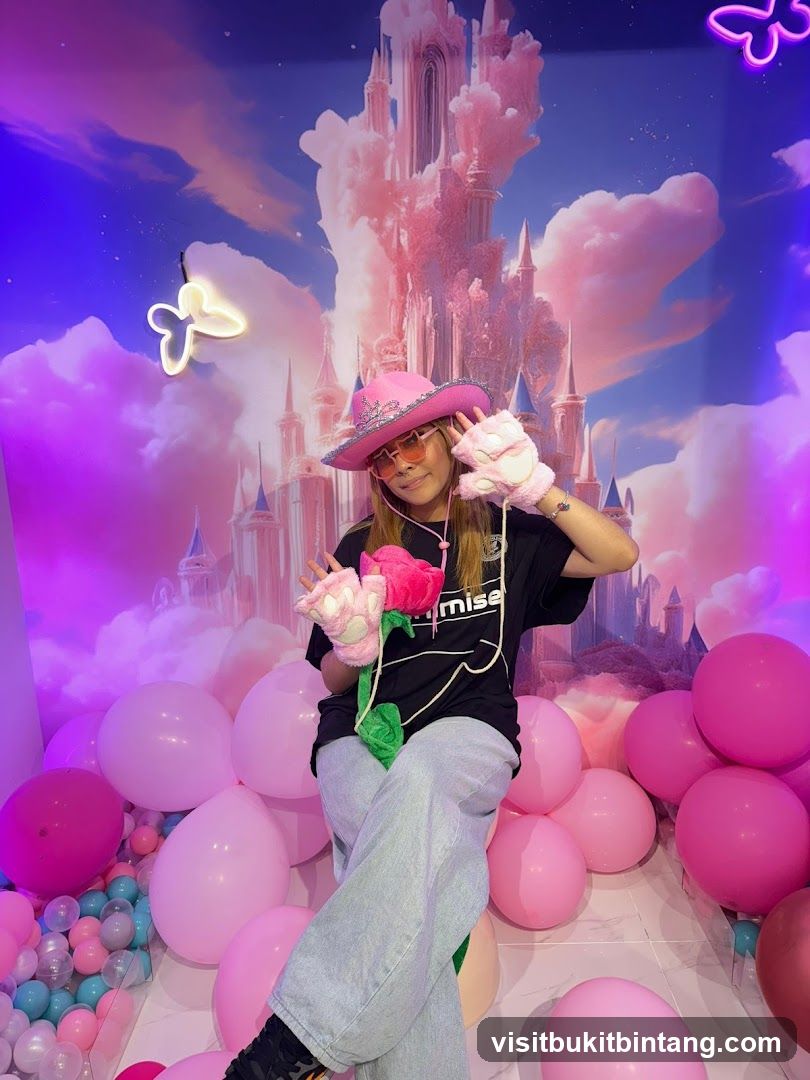 Woman Posing with Pink Accessories in a Dreamy Castle Setting