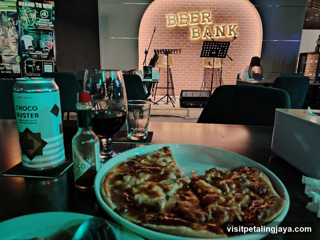 Beer Bank Interior with Pizza and Drinks