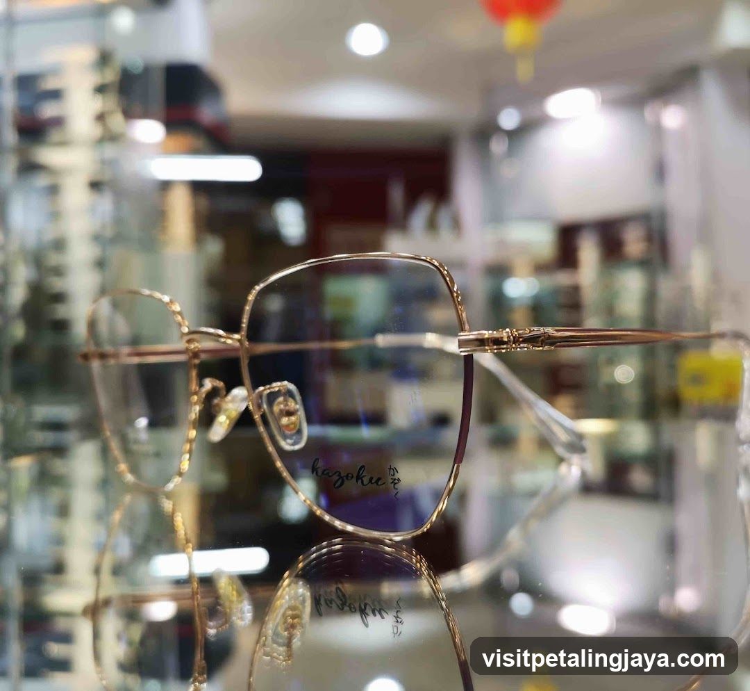 Gold-rimmed eyeglasses on display