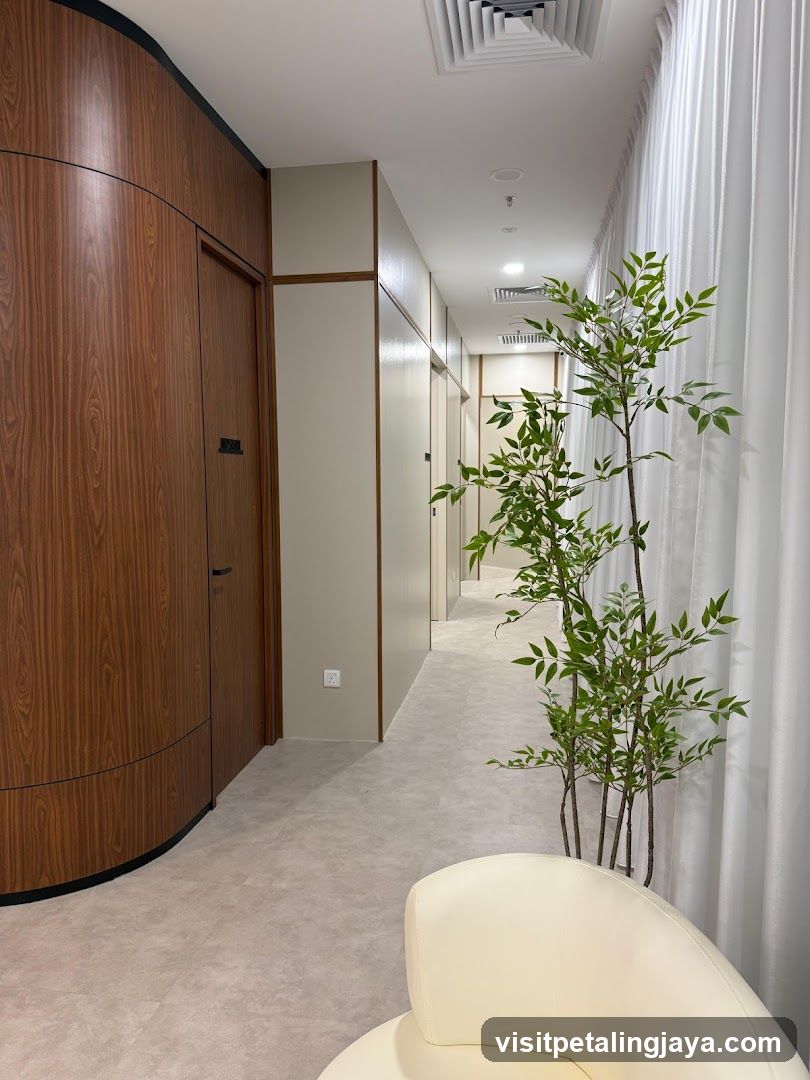 Modern Interior Hallway with Wooden Paneling and Greenery