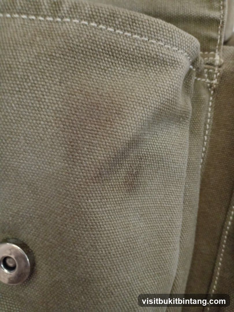 A close-up, detailed view of a textured, olive-green fabric, possibly canvas. White stitching is visible along a seam. A circular metal snap closure is also present on the left side of the image. The fabric appears to be part of a bag or garment.