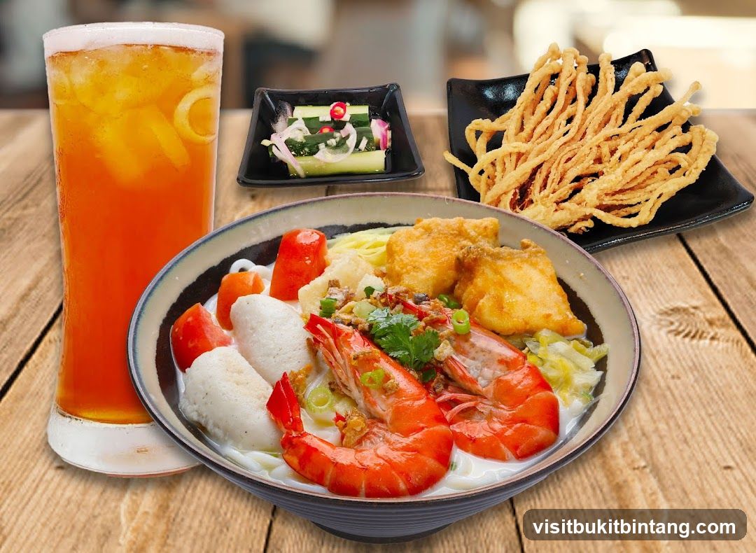 Seafood Noodle Soup with Fried Enoki Mushrooms and Iced Tea