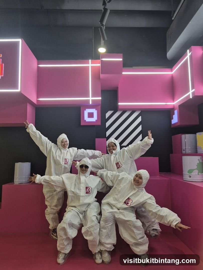 People in protective suits posing in a colorful room