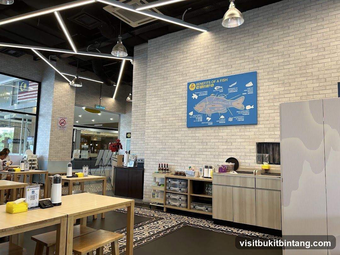Restaurant Interior with Fish Benefits Chart
