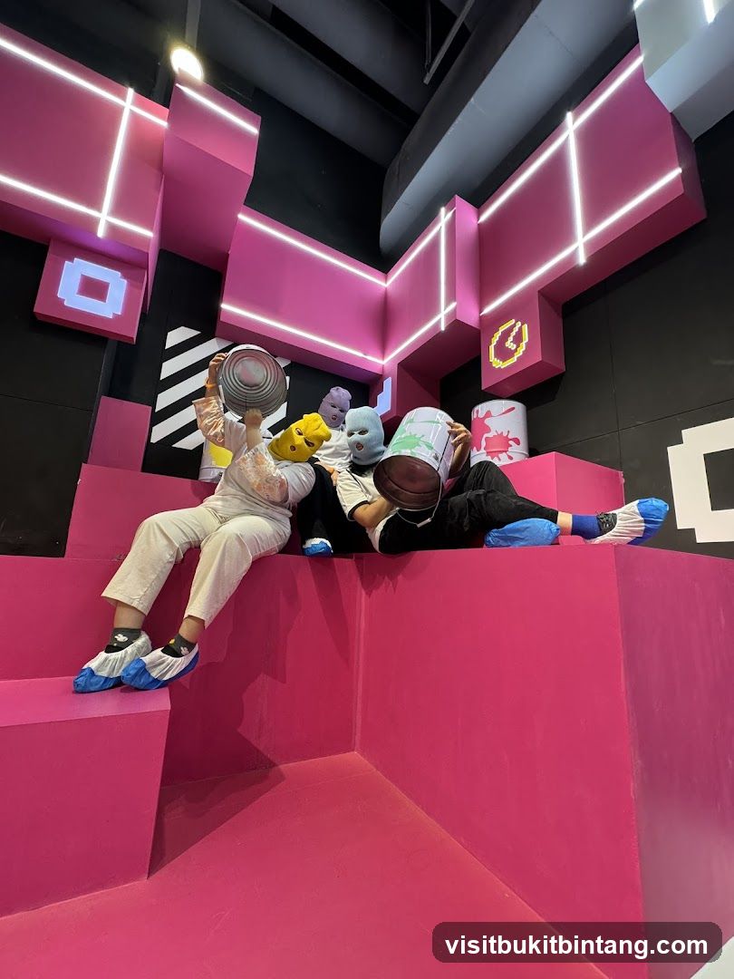 People in a colorful, geometric space
