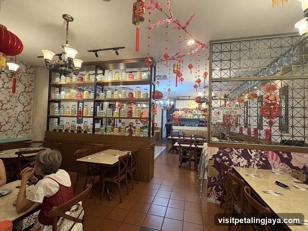 Interior of a Chinese-style restaurant with lanterns and jars